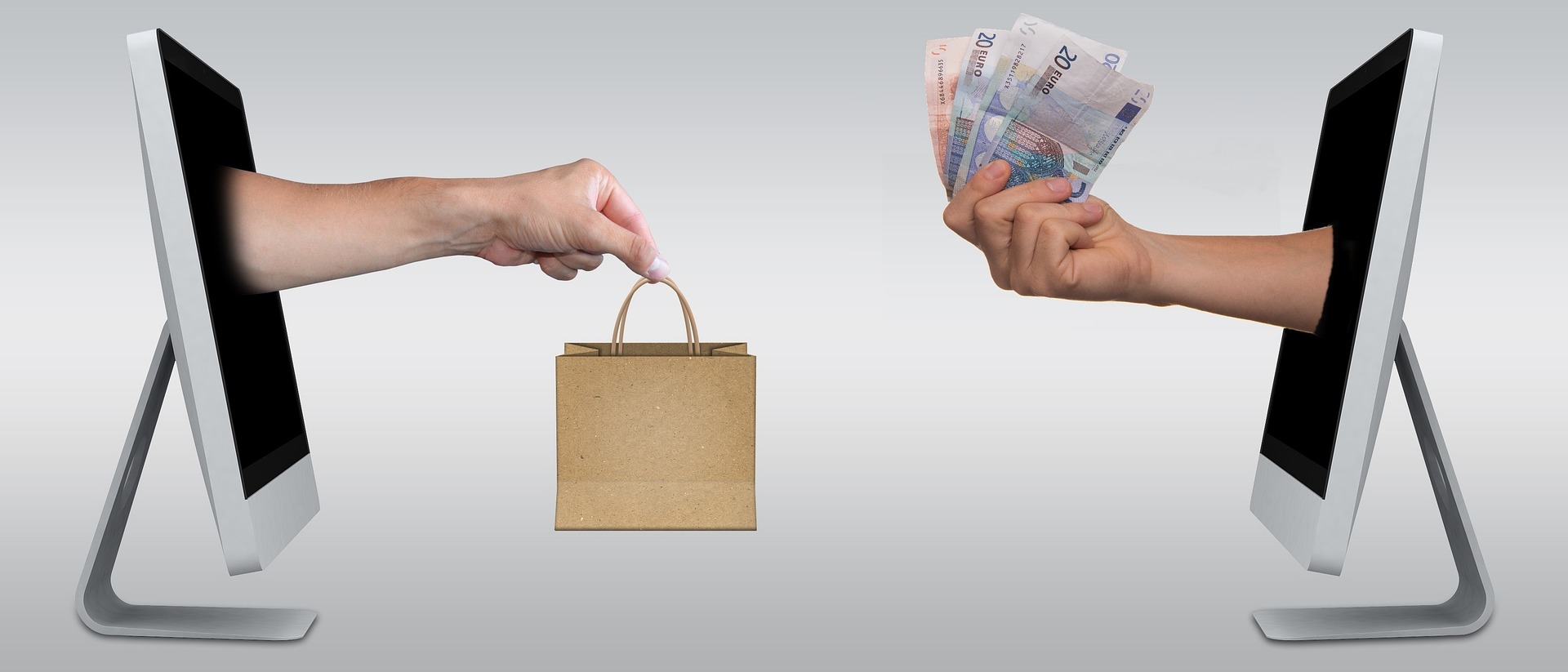 Échange d'un sac d'achat contre de l'argent entre deux écrans.
