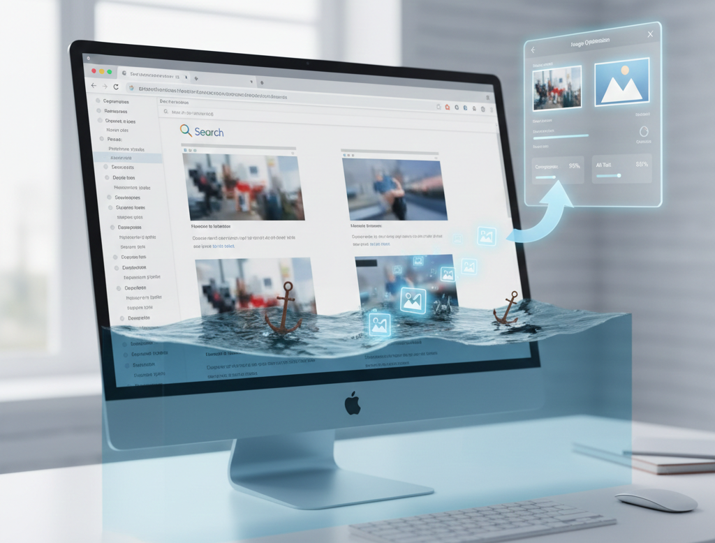 Ordinateur submergé illustrant l'optimisation SEO des images