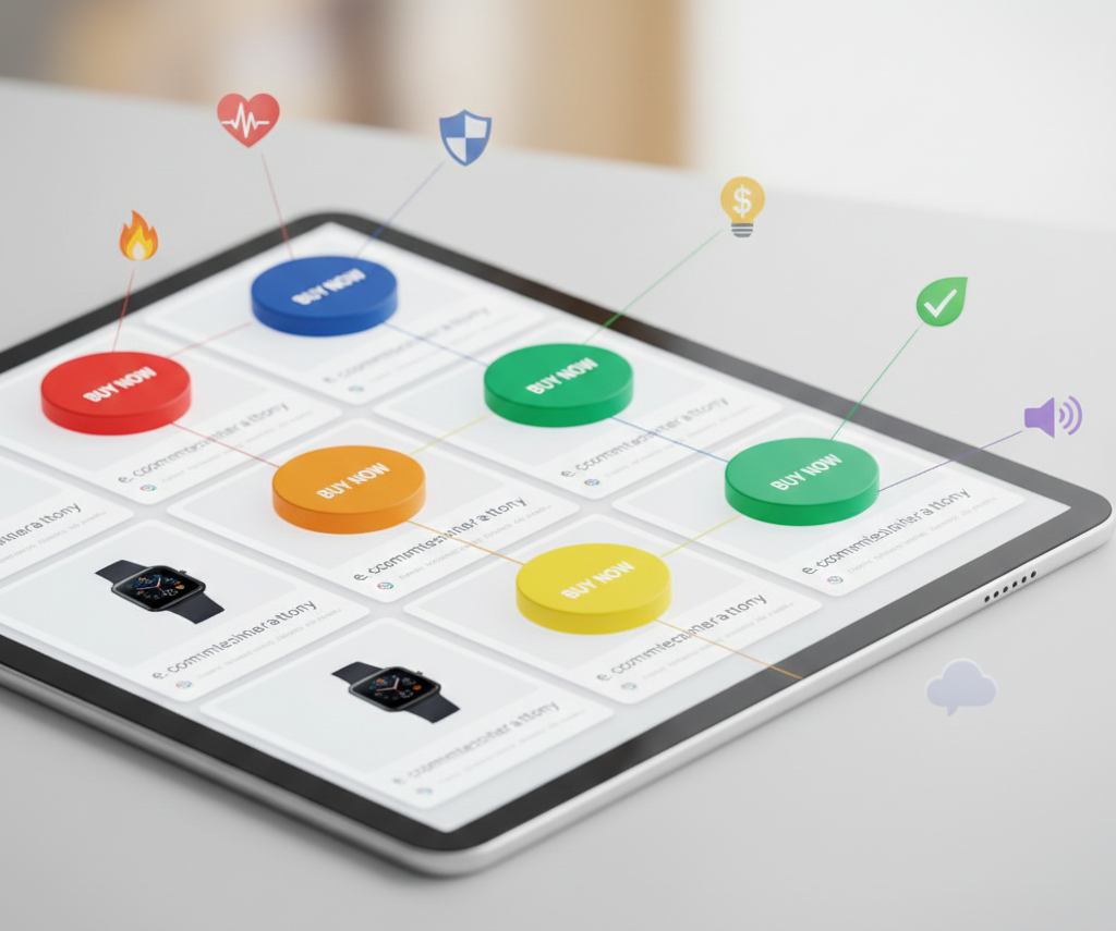 Tablette affichant divers boutons d'achat colorés en 3D