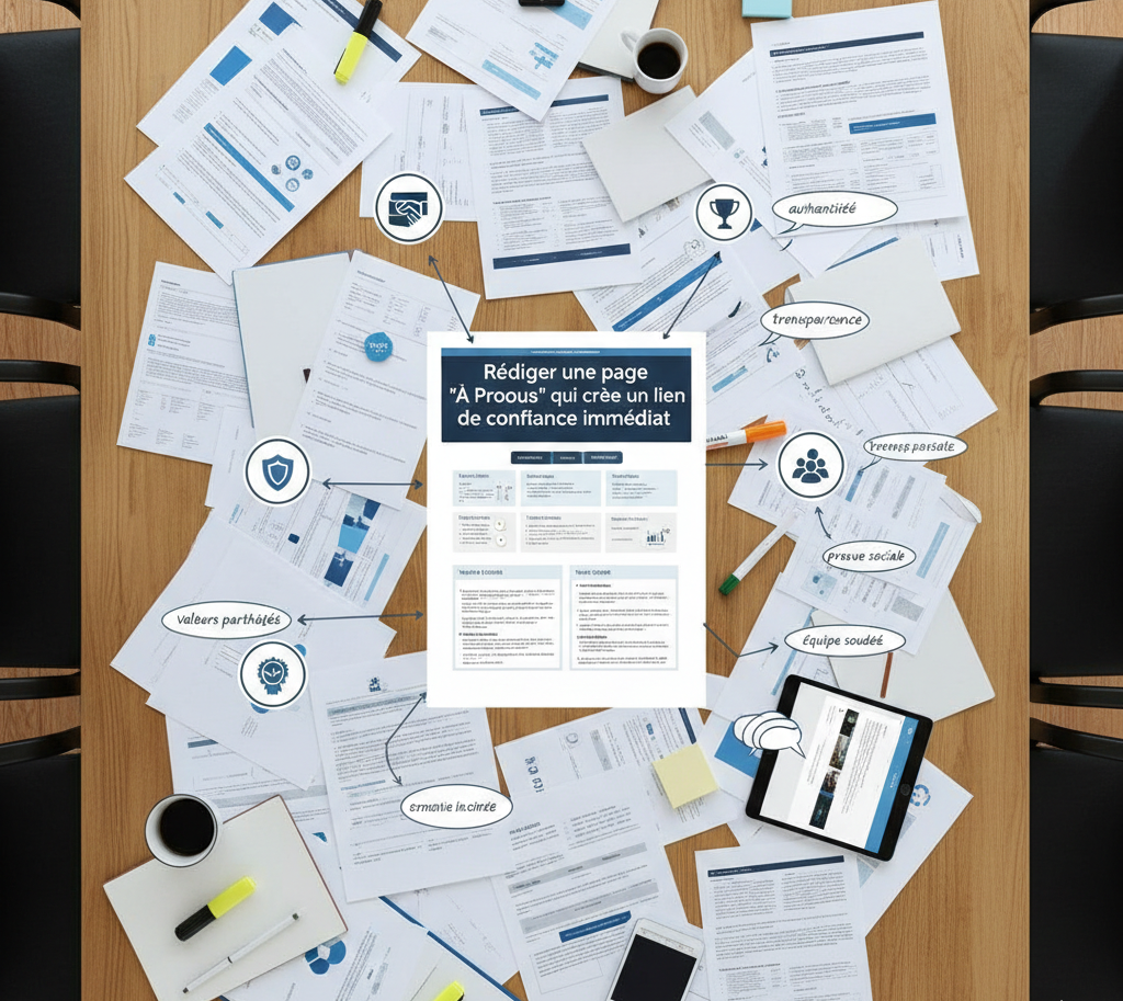 Bureau avec documents parpillés autour d'un guide "À Propos"