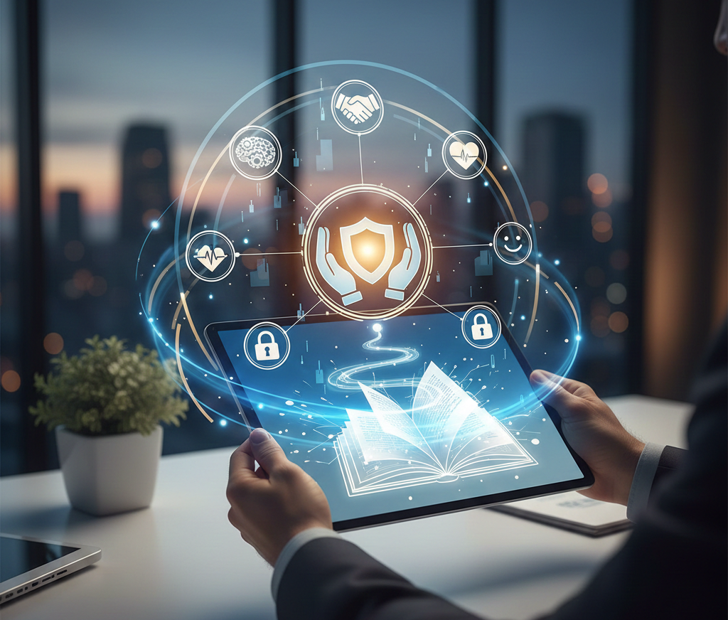 Tablette présentant un livre interactif sur la cybersécurité