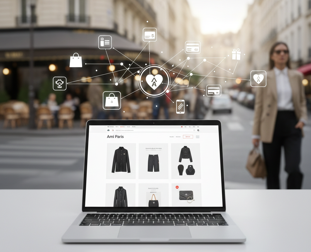 Interface e-commerce Ami Paris sur ordinateur en ville.