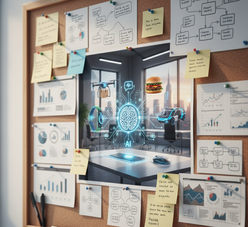 ableau d'affichage avec notes et photo d'une IA futuriste.