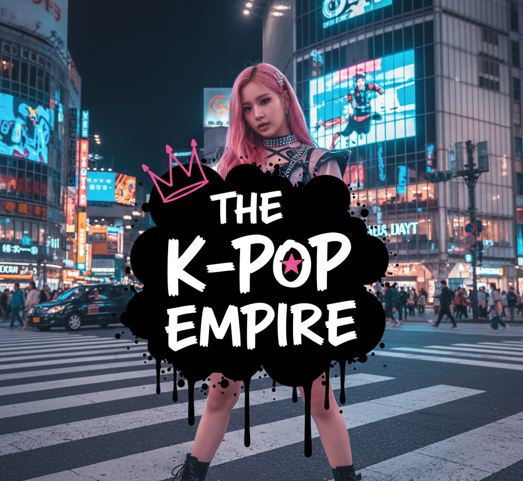 Chanteuse de K-Pop devant un carrefour urbain illuminé.