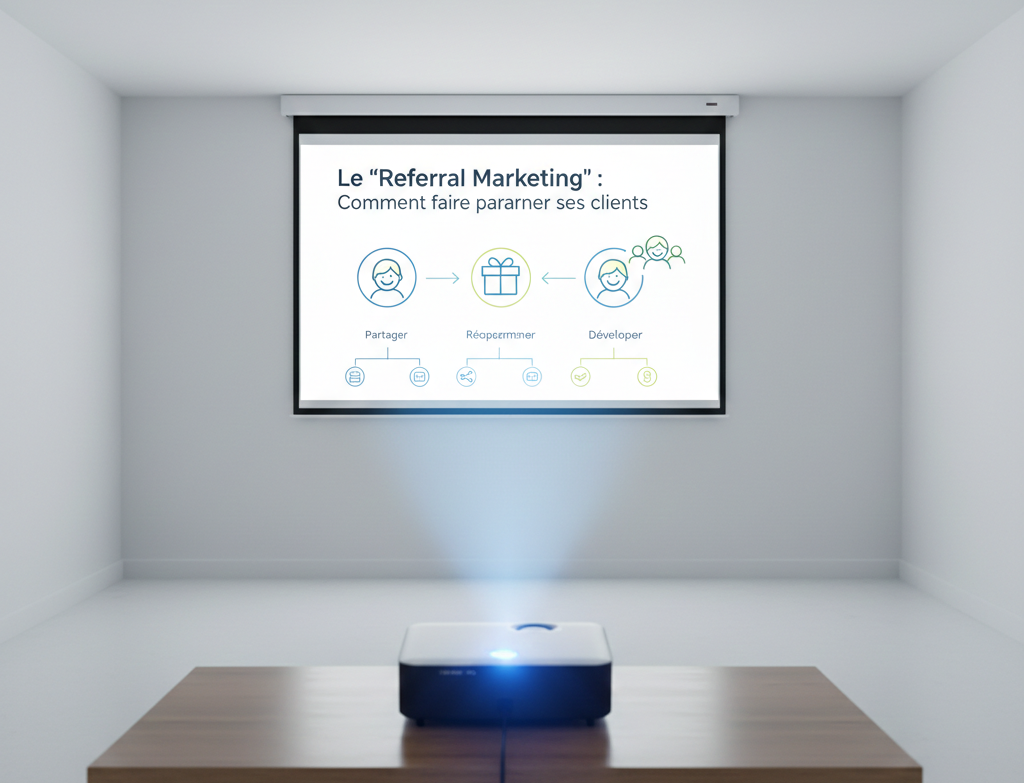 Projecteur affichant une présentation sur le Referral Marketing.