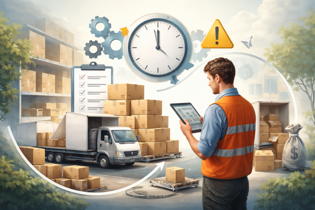 Employé logistique gérant les expéditions avec une tablette numérique.