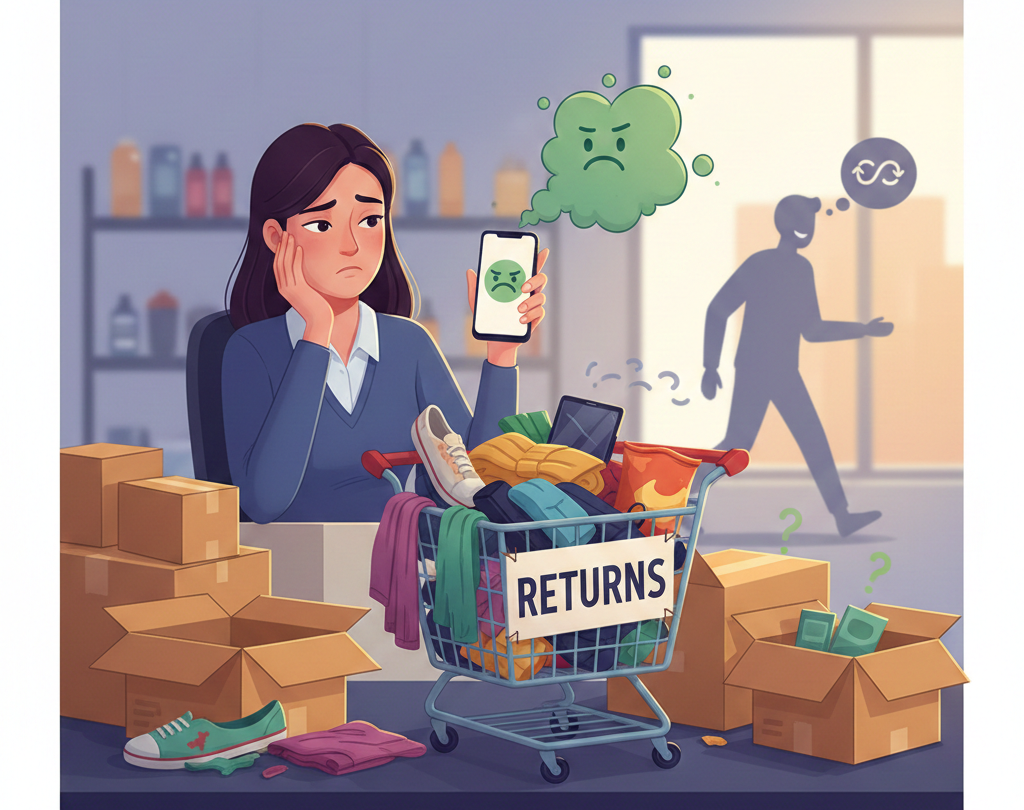 femme déçue devant un chariot de produits à retourner.