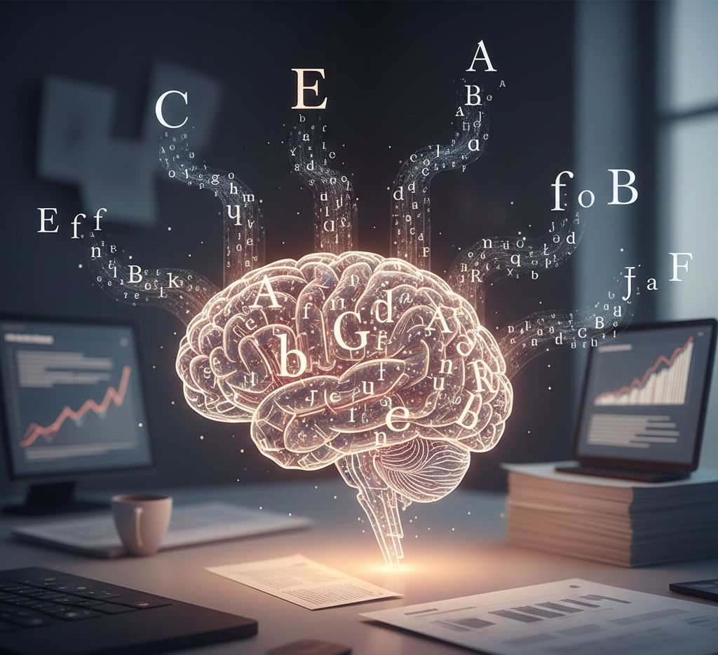 Cerveau lumineux entouré de lettres flottantes dans un bureau moderne.
