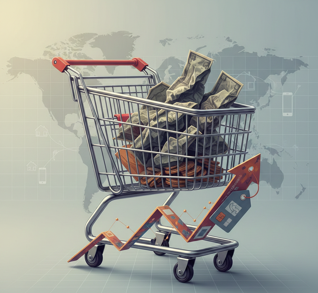 Caddie rempli de billets avec flèche de croissance sur fond de carte du monde.