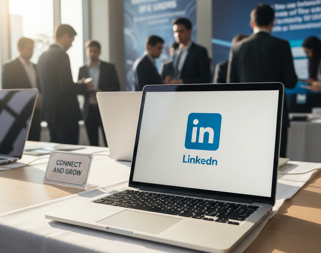 Ordinateur portable affichant LinkedIn lors d'un événement de réseautage professionnel