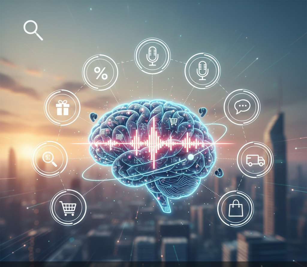 Cerveau numérique entouré d'icônes de podcasts sur l'e-commerce.