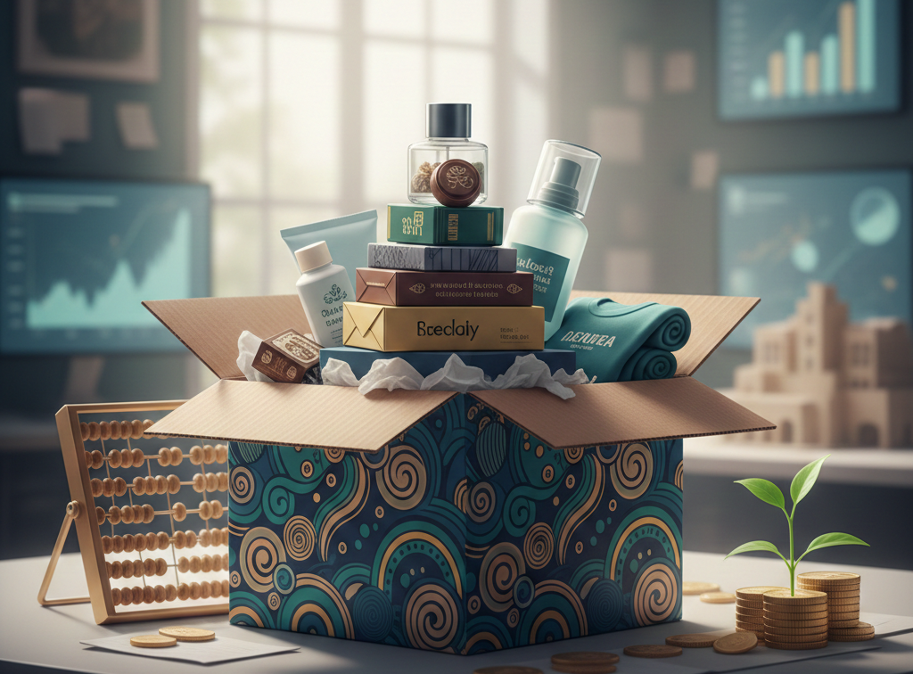 Boîte décorée remplie de produits cosmétiques illustrant une vente réussie.