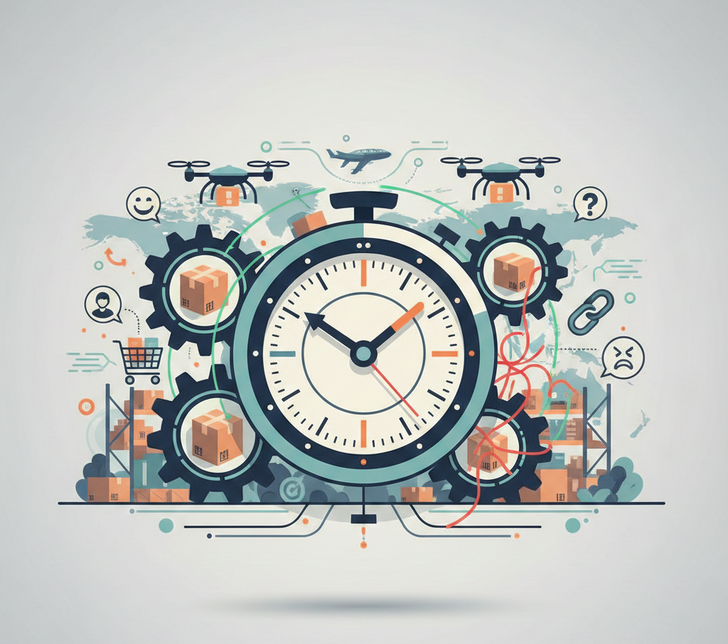 Horloge et engrenages illustrant une gestion logistique rapide.