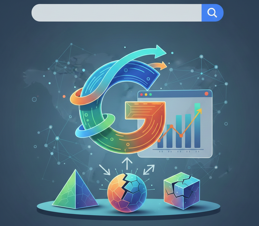 Illustration d'un grand "G" stylisé avec une barre de recherche et des graphiques.