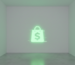 Sac de shopping lumineux avec symbole dollar dans une pièce épurée.