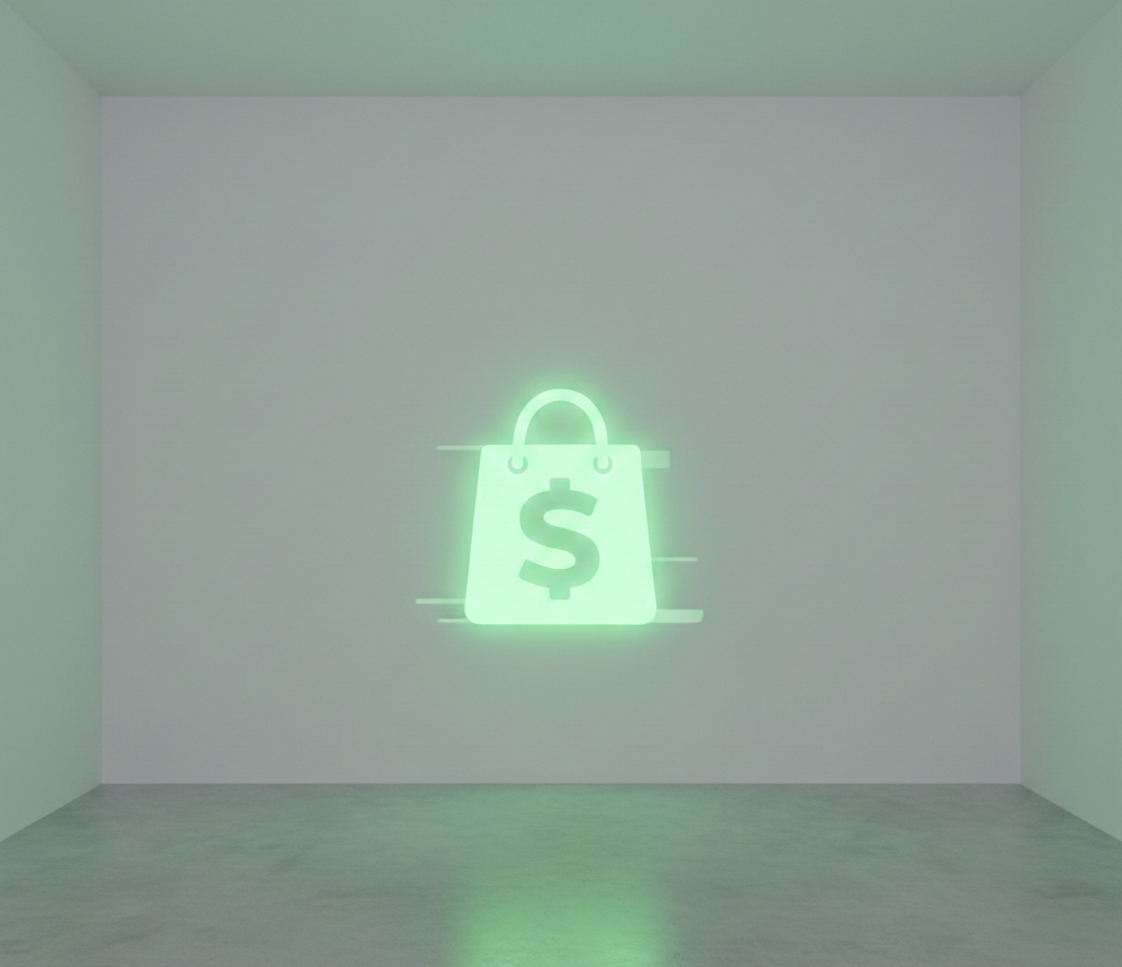 Sac de shopping lumineux avec symbole dollar dans une pièce épurée.